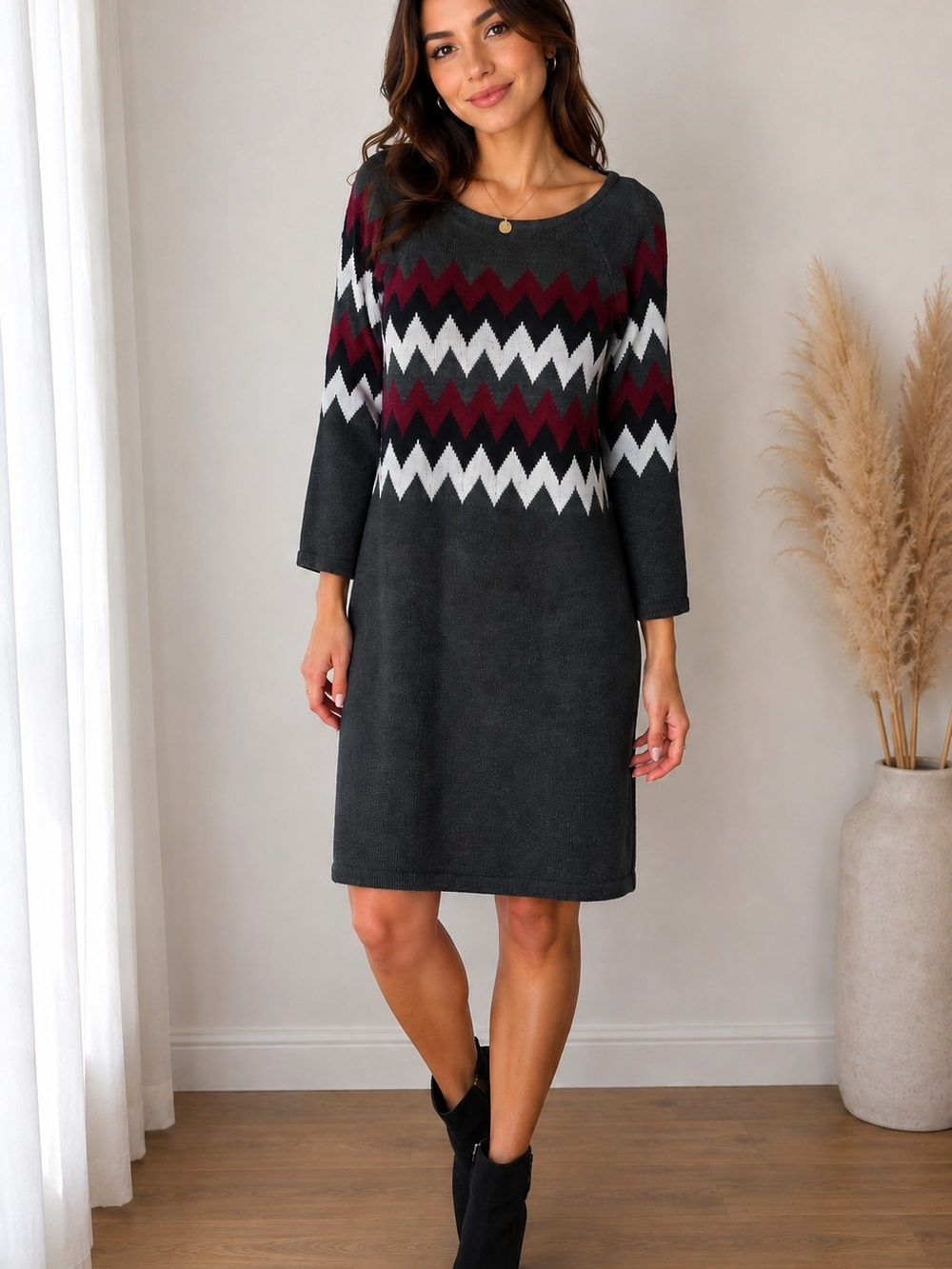 Charcoal Chevron Knit Shift Dress with Burgundy and White Accents
